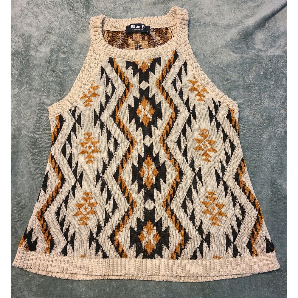Blue B Collection Womens Geometric Southwestern Knit Halter Sweater Top Medium